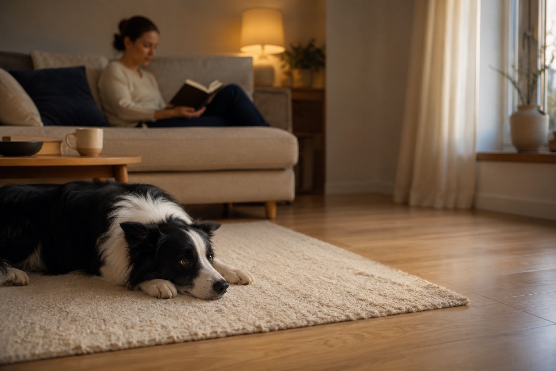 Evde halının üzerinde sakin uzanan Border Collie, arkada kitap okuyan sahibi