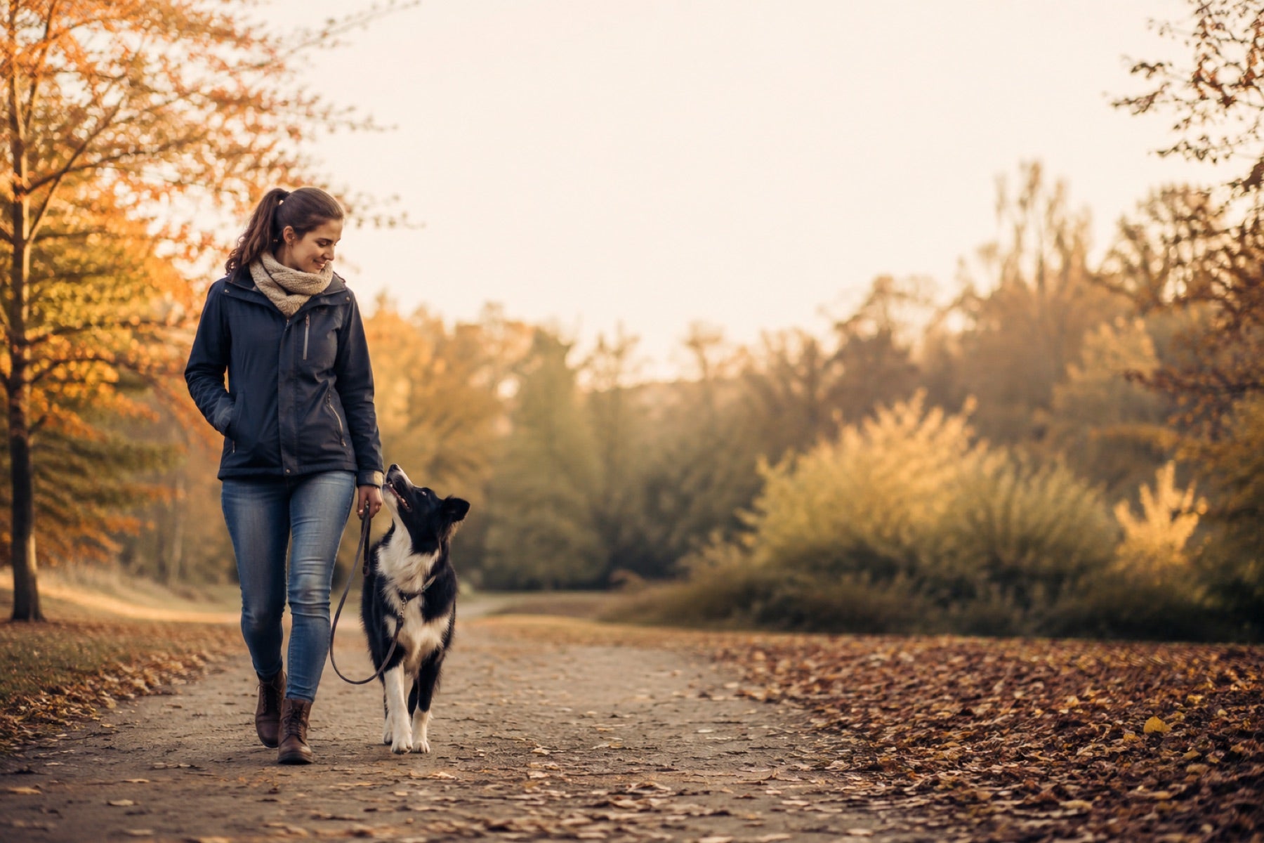 Sahibinin yanında gevşek tasmayla sakin yürüyen Border Collie